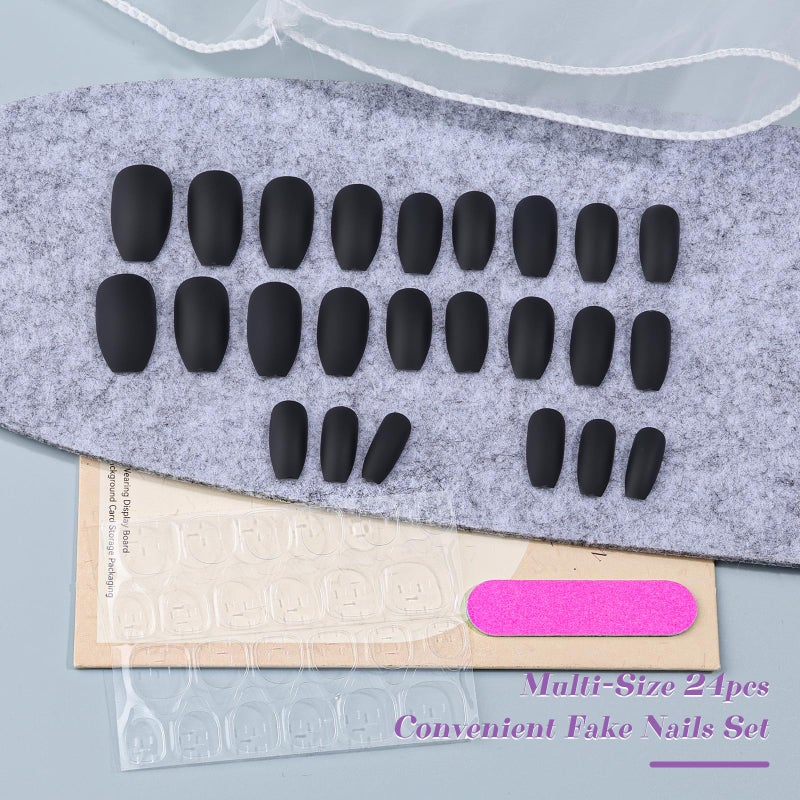 Umillars 24PCS Black Fake Nails Full Cover Press on Short False Nail Art Tips Matte Glossy Medium Stiletto Almond Coffin Ballerina Reusable Acrylic Fingernail for Women Office Lady (Matte Coffin) - Image 5